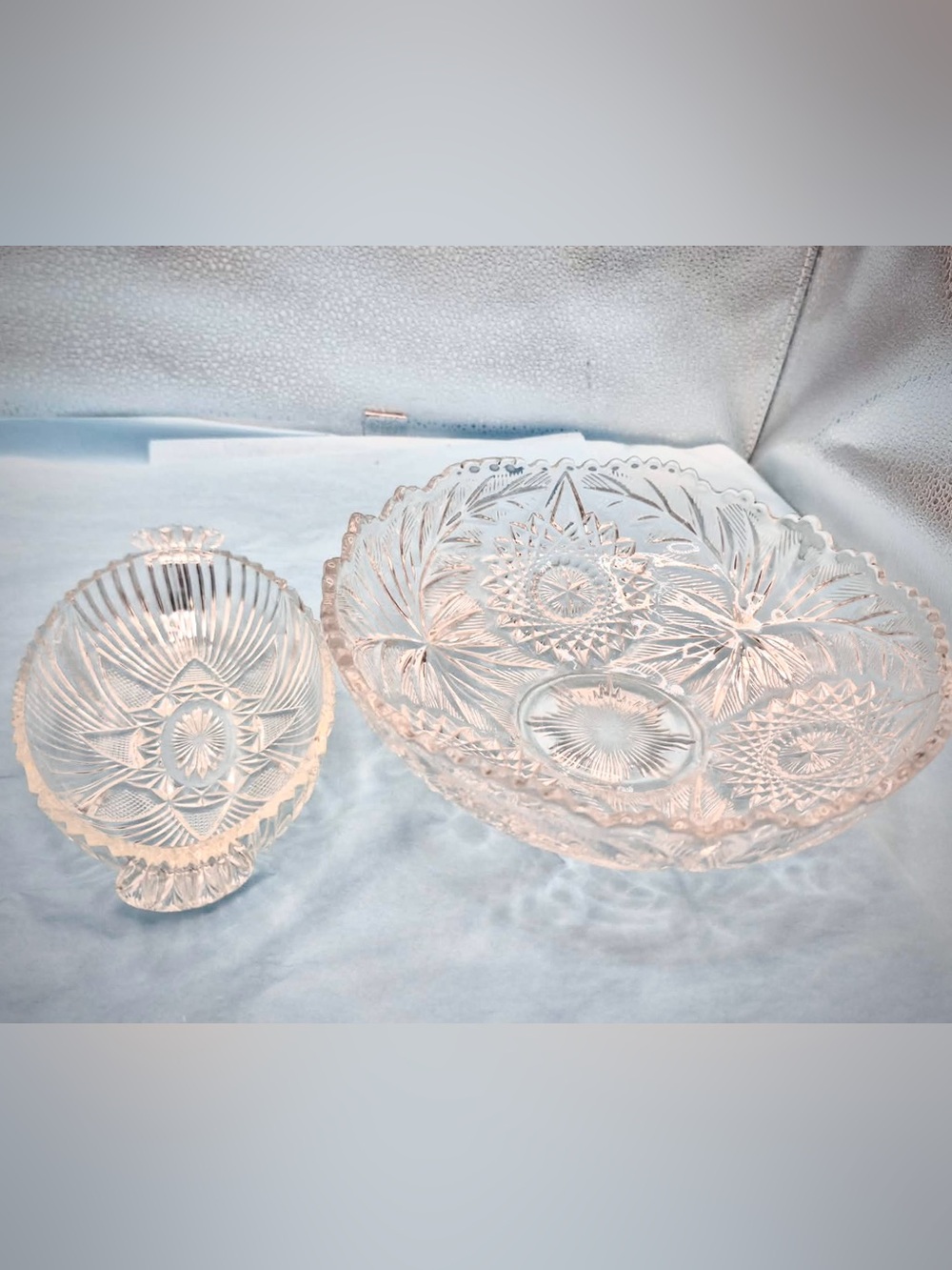 Vintage Crystal Lead Glass Serving Dishes Starbust & Beaded Bowl & Relish Dish